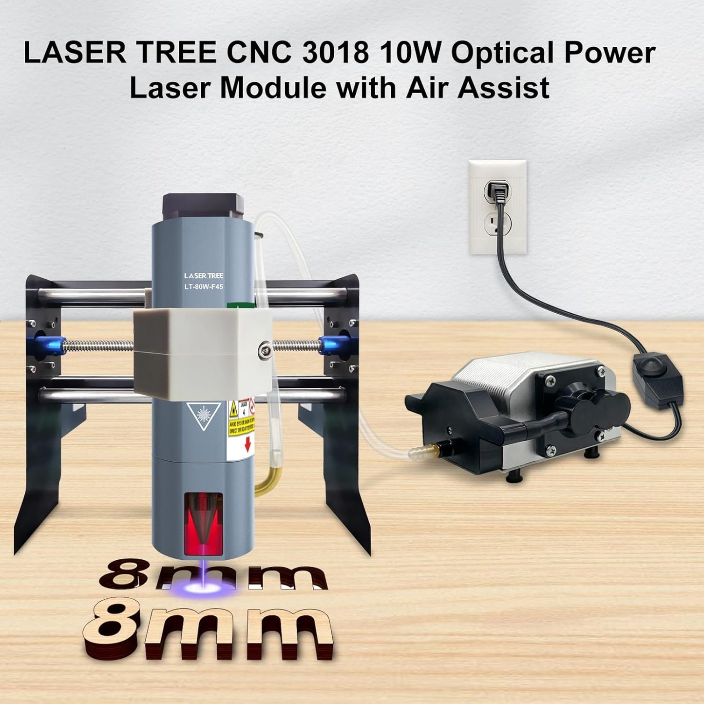 LASER TREE CNC 3018 Lasermodule Kit, 10W optisch vermogen laserkop met luchtondersteuning, vaste brandpuntsafstand 45mm lasergraveermodule, dubbele puntcompressie Compatibel met CNC 3018 machine, 12V