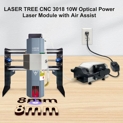 LASER TREE CNC 3018 Lasermodule Kit, 10W optisch vermogen laserkop met luchtondersteuning, vaste brandpuntsafstand 45mm lasergraveermodule, dubbele puntcompressie Compatibel met CNC 3018 machine, 12V