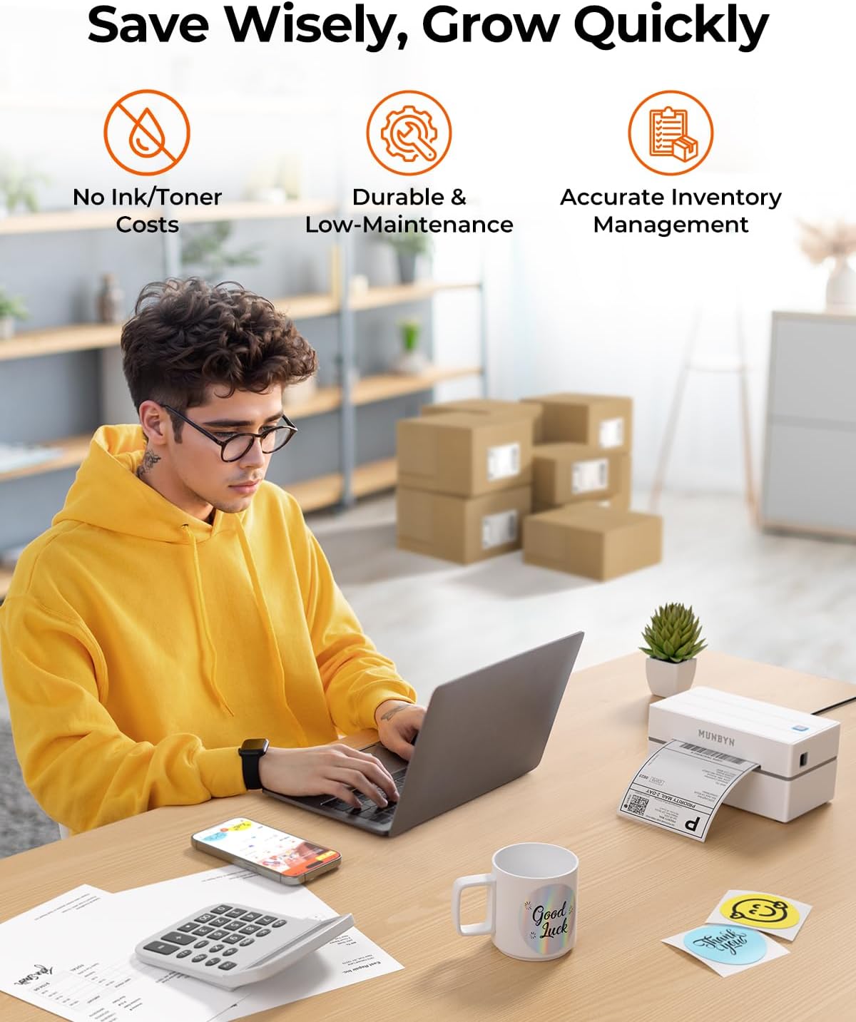 MUNBYN Labelprinter Bluetooth 4x6, Thermische Labelprinter, Ideaal voor kleine bedrijven en thuisgebruik, Compatibel met iOS, Android, Windows, Chromebook, DHL en UPS, Wit