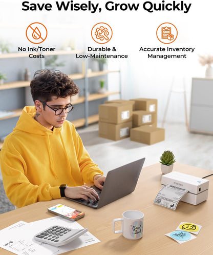 MUNBYN Labelprinter Bluetooth 4x6, Thermische Labelprinter, Ideaal voor kleine bedrijven en thuisgebruik, Compatibel met iOS, Android, Windows, Chromebook, DHL en UPS, Wit