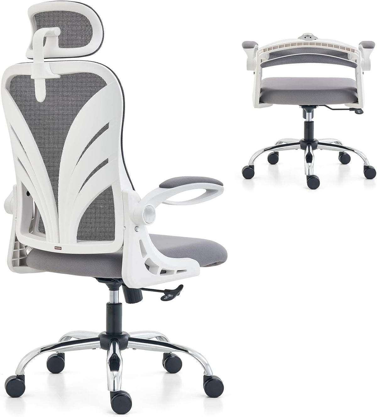 HOLLUDLE Ergonomische Bureaustoel met Opklapbare Rugleuning, Computer Bureaustoel met Opklapbare Armleuningen, Mesh Lendensteun en 2D Hoofdsteun Grote en Lange Bureaustoel, Wit