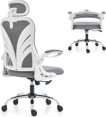 HOLLUDLE Ergonomische Bureaustoel met Opklapbare Rugleuning, Computer Bureaustoel met Opklapbare Armleuningen, Mesh Lendensteun en 2D Hoofdsteun Grote en Lange Bureaustoel, Wit