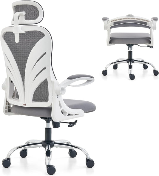 HOLLUDLE Ergonomische Bureaustoel met Opklapbare Rugleuning, Computer Bureaustoel met Opklapbare Armleuningen, Mesh Lendensteun en 2D Hoofdsteun Grote en Lange Bureaustoel, Wit