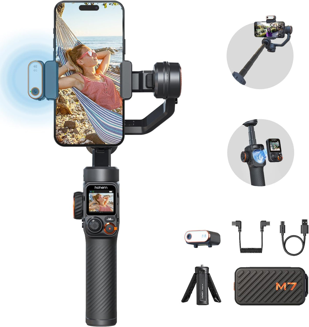 hohem iSteady M7 stabilisator voor smartphone, magnetische tracker AI CCT/RGB, 1,4 inch touchscreen, afstandsbediening afneembaar en stang, laadvermogen 500 g, Gimbal voor iPhone Android