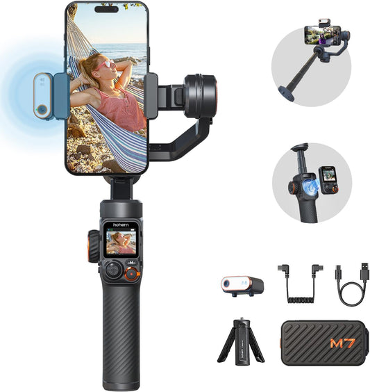 hohem iSteady M7 stabilisator voor smartphone, magnetische tracker AI CCT/RGB, 1,4 inch touchscreen, afstandsbediening afneembaar en stang, laadvermogen 500 g, Gimbal voor iPhone Android