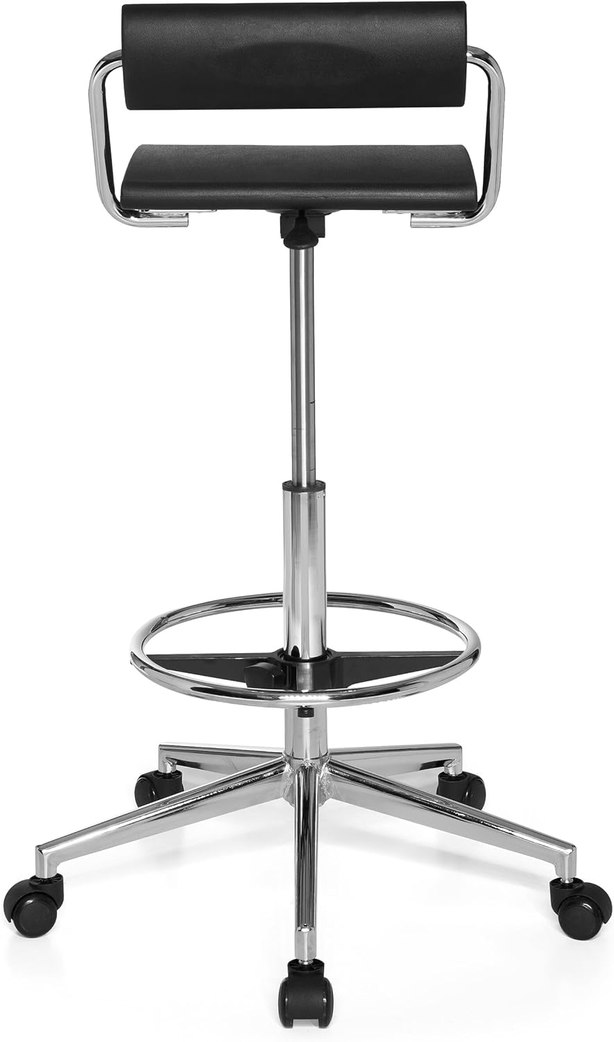 hjh OFFICE 665170 Counter Chair TOP Work 28 Schuim Zwart hoge Rise Task Stoel met rugleuning Massief Verchroomd Staal Base Ring voetsteun