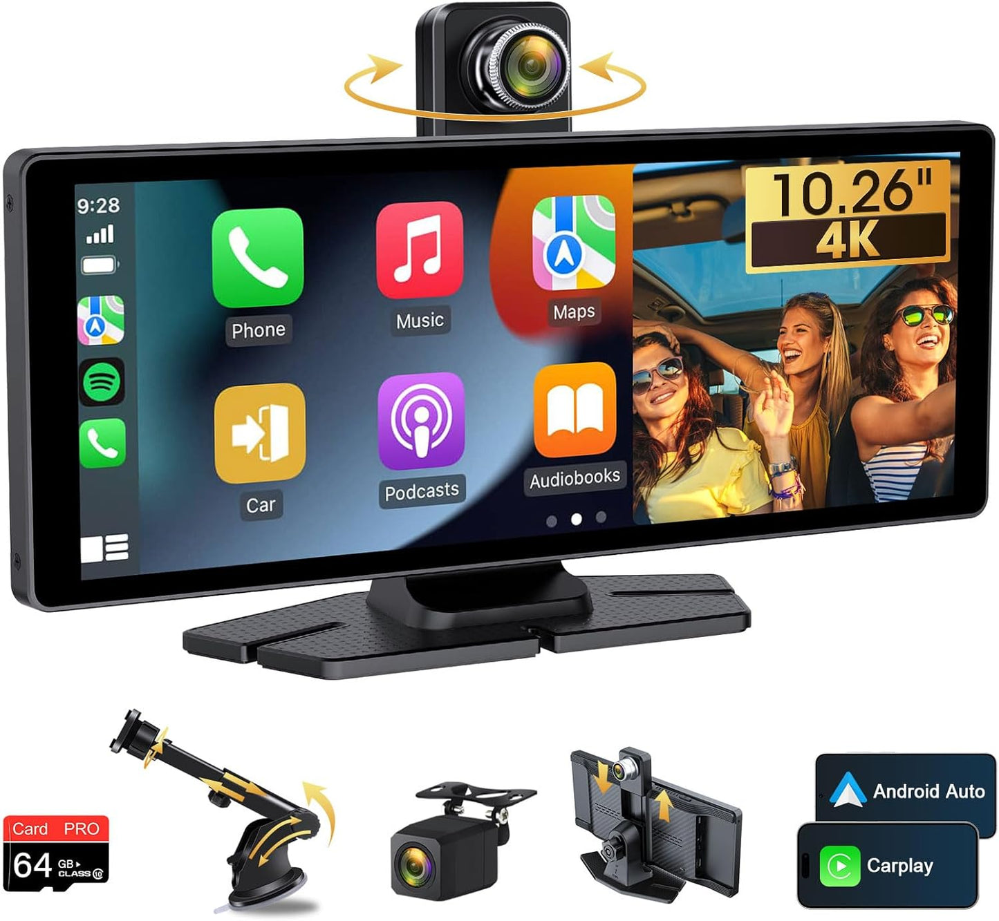 Carplay Display met 4K Dashcam 10,26 Inch Draadloos Carplay Android Auto Display met HD IPS Touchscreen Driveplay met Mirror Link Dual-Bluetooth Carplay met 1080P Achteruitrijcamera 64GB-Kaart
