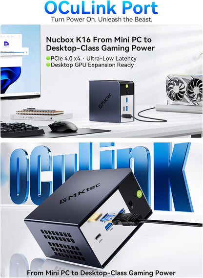 GMKtec K16 Mini PC Gaming Desktop Computer AMD Ryzen 7 7735HS (8C/16T 4.75Ghz) 32GB LPDDR5 6400MT/s RAM + 512GB Hard Drive SSD, Dual NIC LAN 2.5GbE, Oculink, USB4, HDMI, USB-C