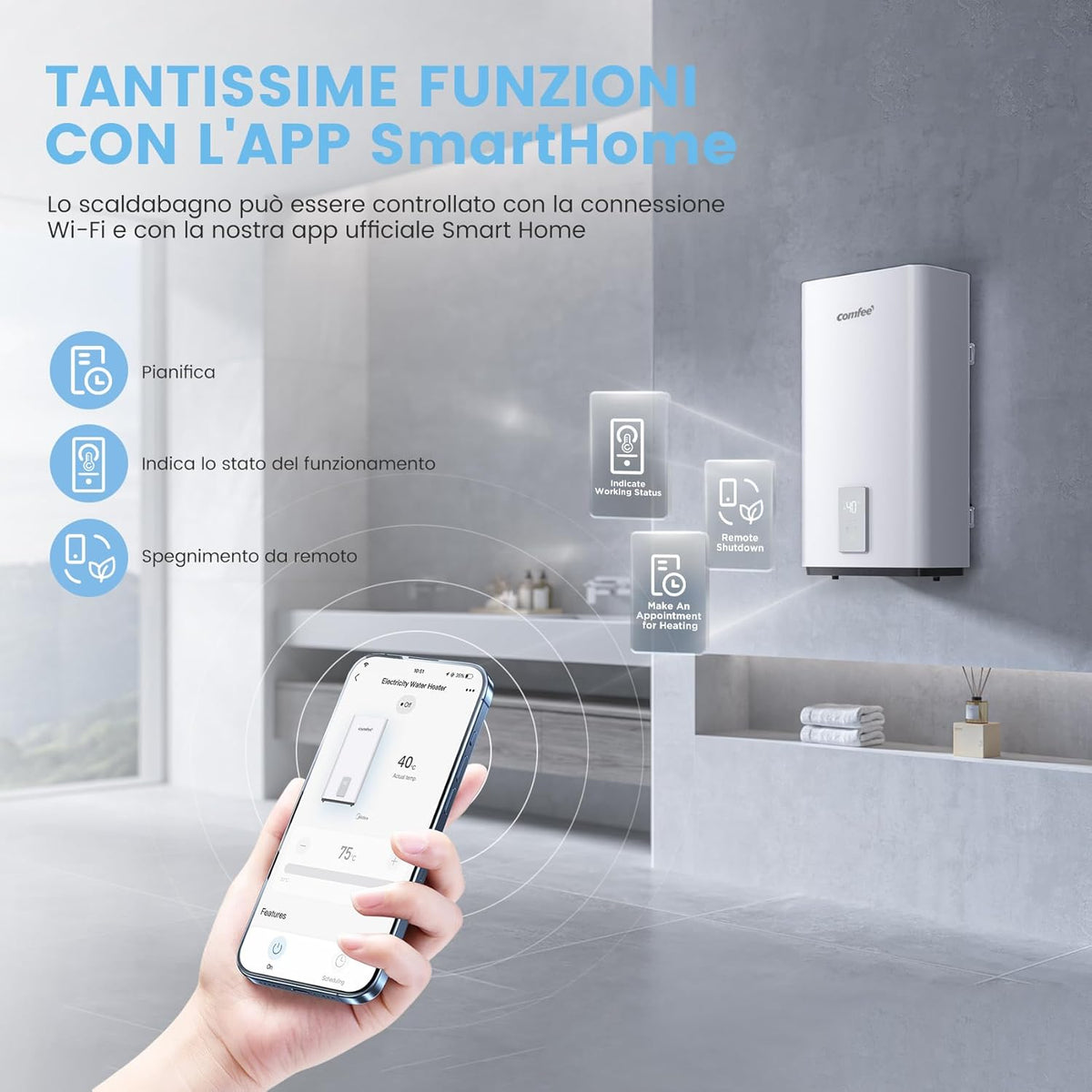 Comfee CWH15ED1350EUW Elektrische wandverwarming, 80 liter, met onderspoelruimte, compact en eenvoudig te installeren, wifi-verbinding, bediening via app, wit, energieklasse B