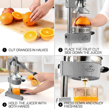 Zulay Kitchen Gietijzeren citruspers, gemakkelijk te reinigen, duurzaam, professionele citruspers van roestvrij staal, handmatige citroenpers en oranje (grijs)