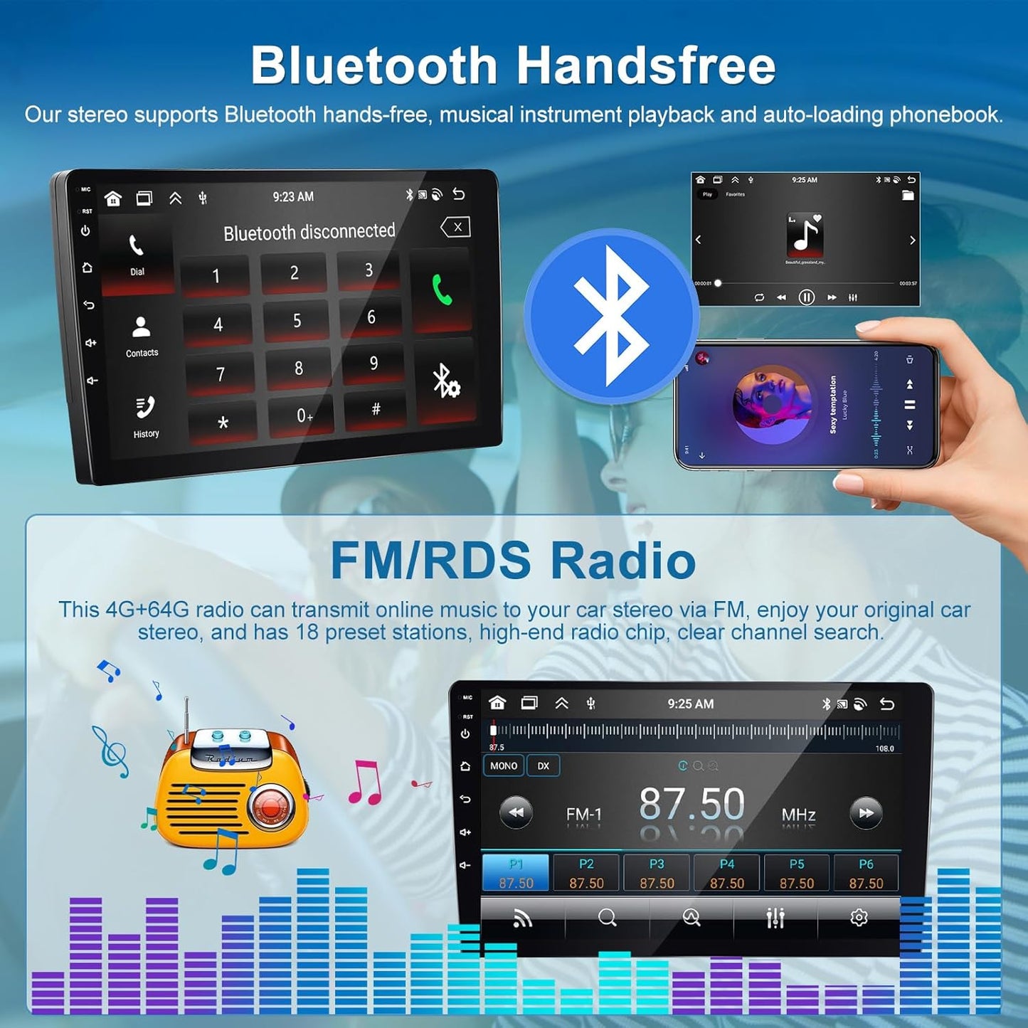 podofo autoradio, 8 kernen, 2-DIN autoradio, iOS, CarPlay, Android autoradio, 4 + 64 G, dubbele DIN 9 inch, 1280p IPS, touchscreen, stereo-radio met 32EQ DSP GPS, navigatie, wifi, Android auto en