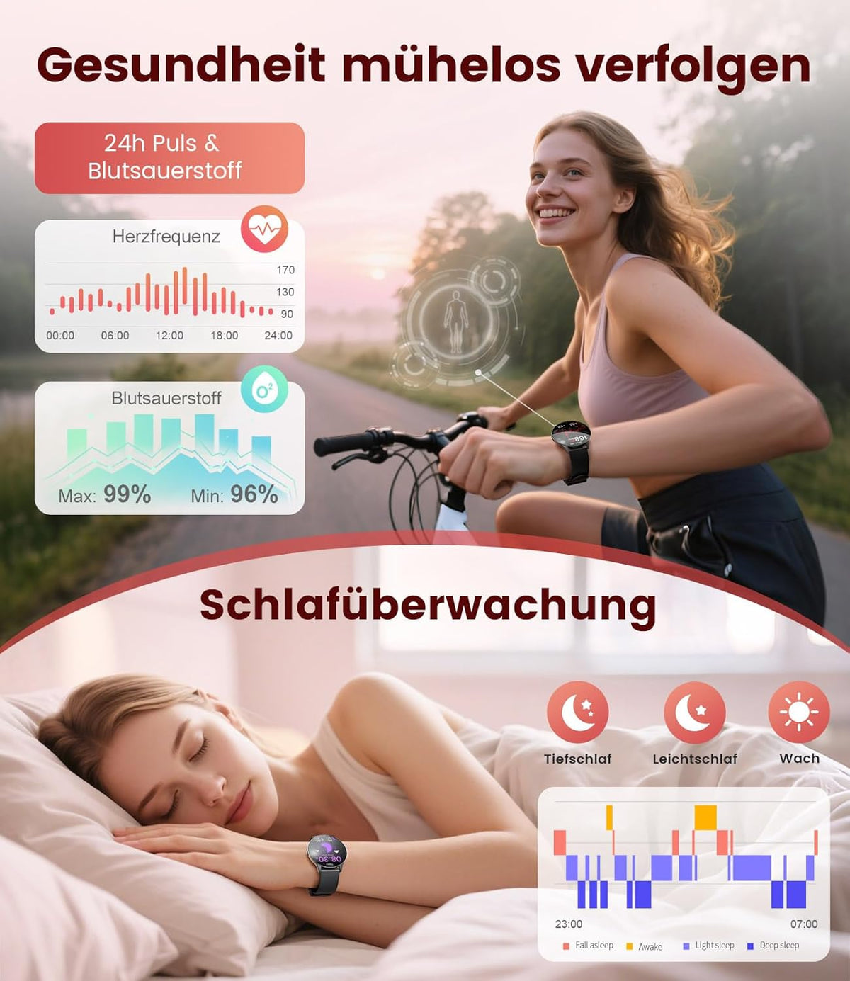 DREMAC Smartwatch voor dames met bluetooth-oproep/1,43 inch Amoled smartwatch met 120 sportmodi, 24/7 hartslagmonitor, stappenteller/SpO2/slaap, compatibel met Android iOS