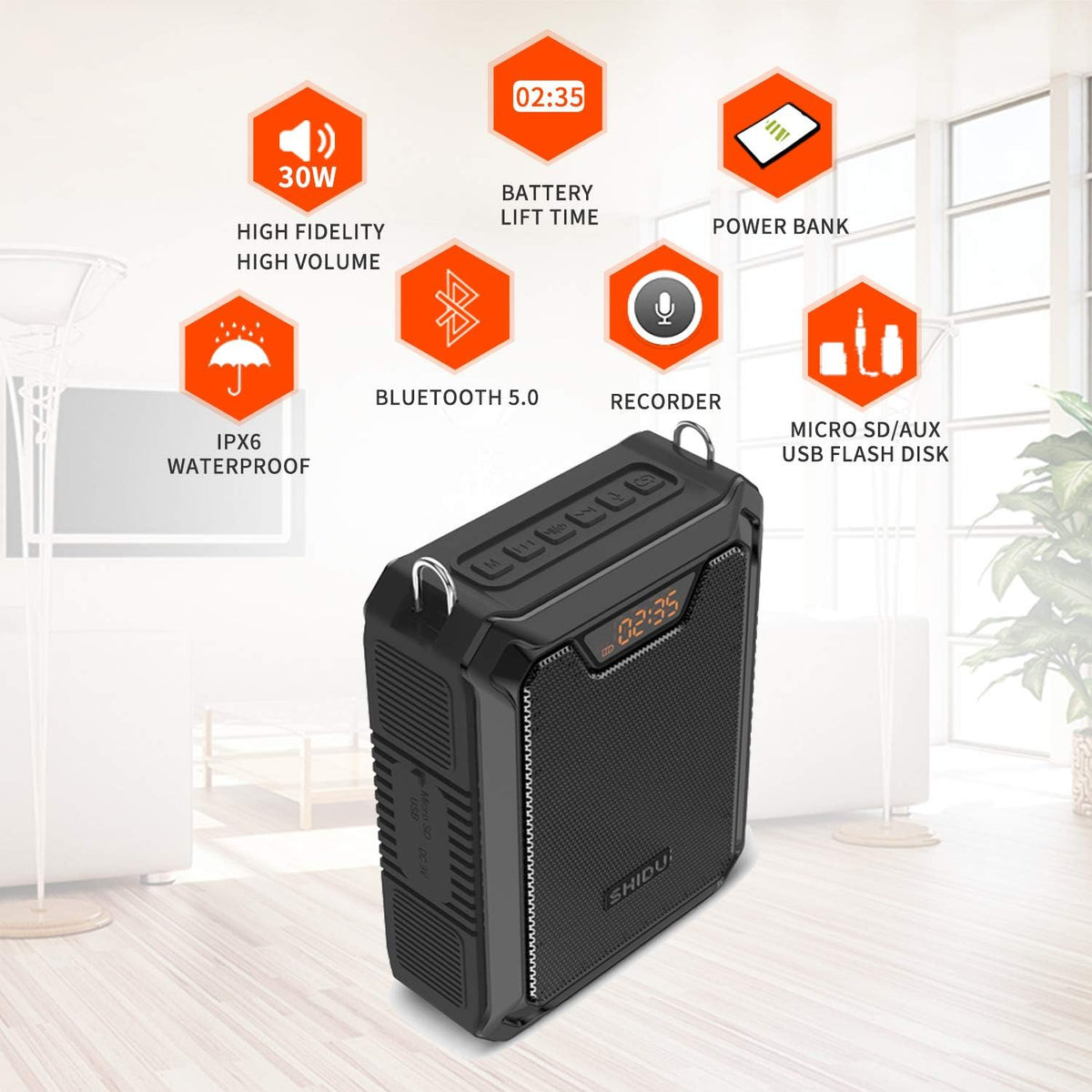 Stemversterker, SHIDU 30W Stemluidspreker Draagbare Bluetooth Luidspreker met UHF Draadloze Microfoon & Bedrade Microfoon Hoofdtelefoon IPX6 Waterdichte Oplaadbare PA-systeem voor Docenten, Tourgids