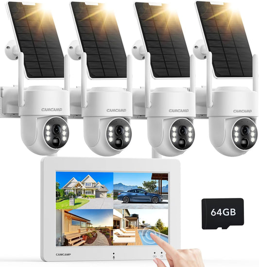 CAMCAMP 4MP draadloze bewakingscamera op zonne-energie, voor buiten, wifi, draagbaar, 7 inch scherm met accu, 4 x 2K camera, 360 graden PTZ, nachtzicht, 2-weg gesprek, bewegingsdetectie, 64 GB kaart,