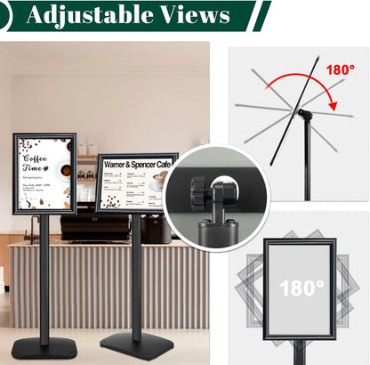 A4 Displaystandaard – Bordstandaard – Bordhouder – Vloerstandaard – Menustandaard – 3-Delige Set Zwart – Verzwaarde Basis 2,6 Kg – Verstelbare 180°/360° Kijkhoek