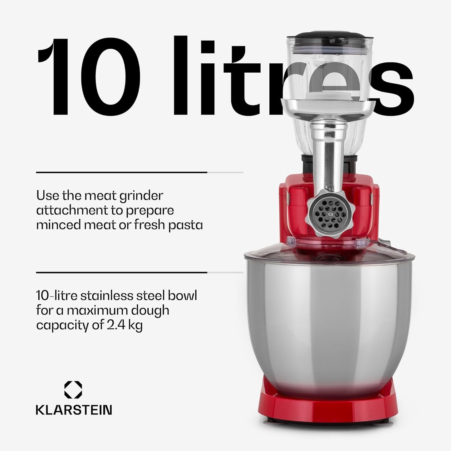 Klarstein Keukenmachine, universele keukenmachines, 3-in-1 keukenmachines, roerapparaten en mixers, deegmachine met vleesmolen, keukenmachine, 2000 watt deegmachine, kneedmachine, 10 liter kom