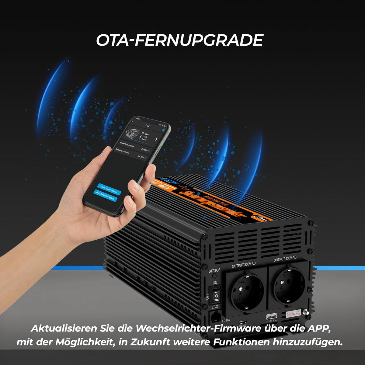 EDECOA 12 V 230 V omvormer, 2500 W/5000 W, 12 V naar 230 V, zuivere sinusgolf, omvormer met wifi-module, ondersteuning voor app-functies met 1 USB-poort en 1 PD-aansluiting