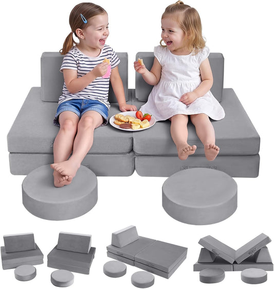 MeMoreCool Speelbank voor kinderen, Modulair fauteuilbank voor knuffelhoek kinderkamer, Slaapbank, 8-delig kinderbank speelset, Schuimbank met slaapfunctie voor meisjes jongens, Grijs