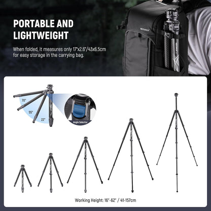 Neewer LITETRIP LT32 62" reisstatief koolstofvezel met ±15° nivelleringsbasis, afneembare middenas, snelle flip-gesp, 360° Pan Arca type QR-plaat compatibel met Peak Design Capture V3 (voormalig TP62)
