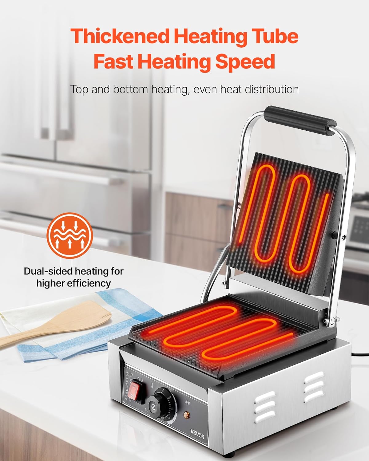 VEVOR Panini Panini Elektrische grillplaat, 1800 W, van roestvrij staal met handvat en temperatuurregeling, geribbeld, geëmailleerd, plat, 22 x 23 cm, voor steak en pancetta