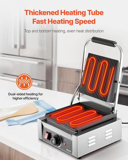 VEVOR Panini Panini Elektrische grillplaat, 1800 W, van roestvrij staal met handvat en temperatuurregeling, geribbeld, geëmailleerd, plat, 22 x 23 cm, voor steak en pancetta