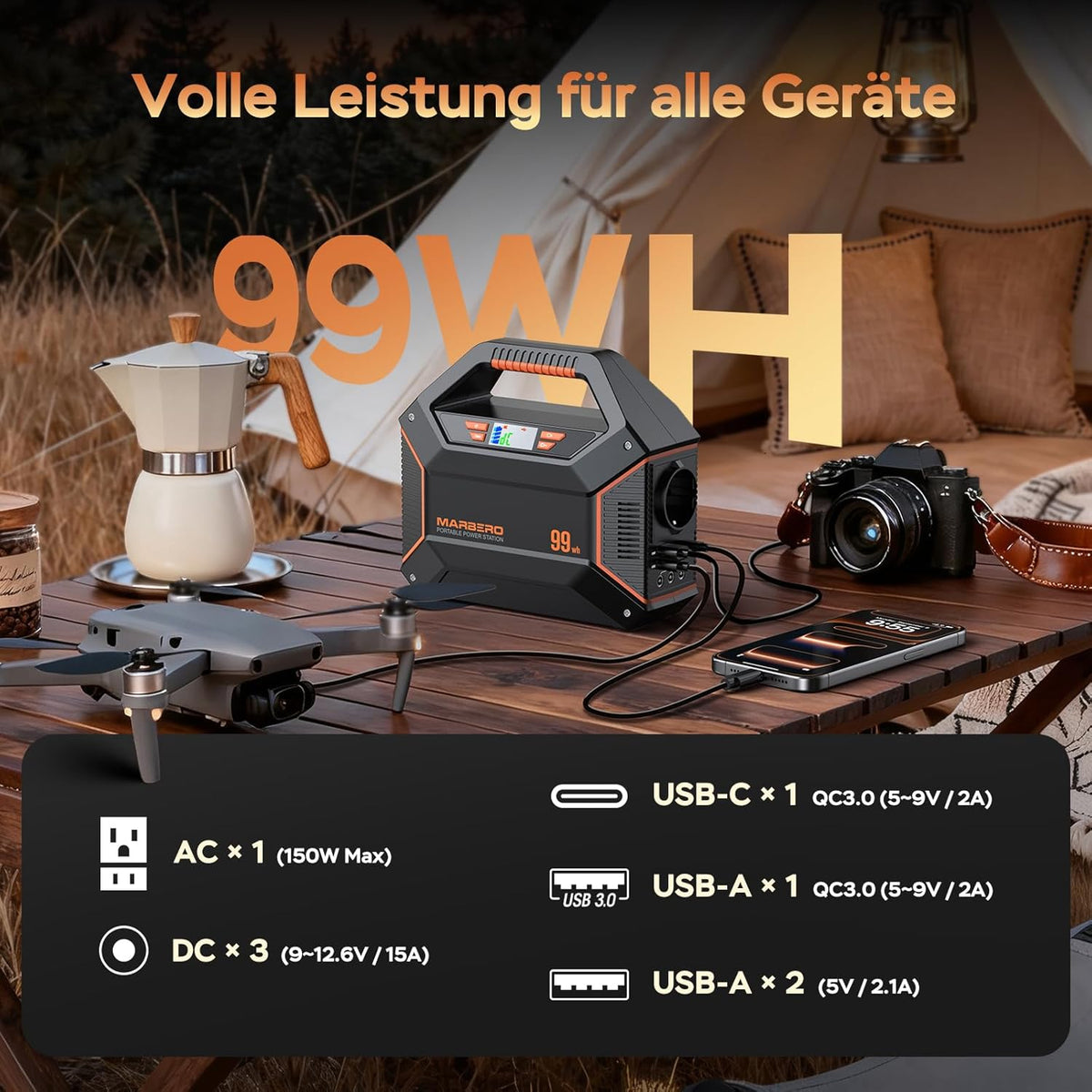 MARBERO 99Wh draagbaar powerstation, lithiumbatterij, noodstroom, 150 W, Max zonne-generator met LED-lamp voor outdoor, camping, camper, huis, noodgevallen