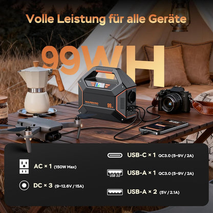 MARBERO 99Wh draagbaar powerstation, lithiumbatterij, noodstroom, 150 W, Max zonne-generator met LED-lamp voor outdoor, camping, camper, huis, noodgevallen