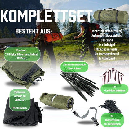GOALPINE® ESKAPADE II Tent voor 2 grote personen, waterdicht, 4000 mm, kleine verpakkingsmaat, voor wandelen, bergtochten en bikepacking, ultralicht, 3 seizoenen, snelle opbouw