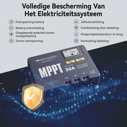 Power Queen MPPT Solar Charging Controller 12/24V 30A 900W max Bluetooth-module LCD display standaard voor LifePO4 accu compatibel met batterijen van