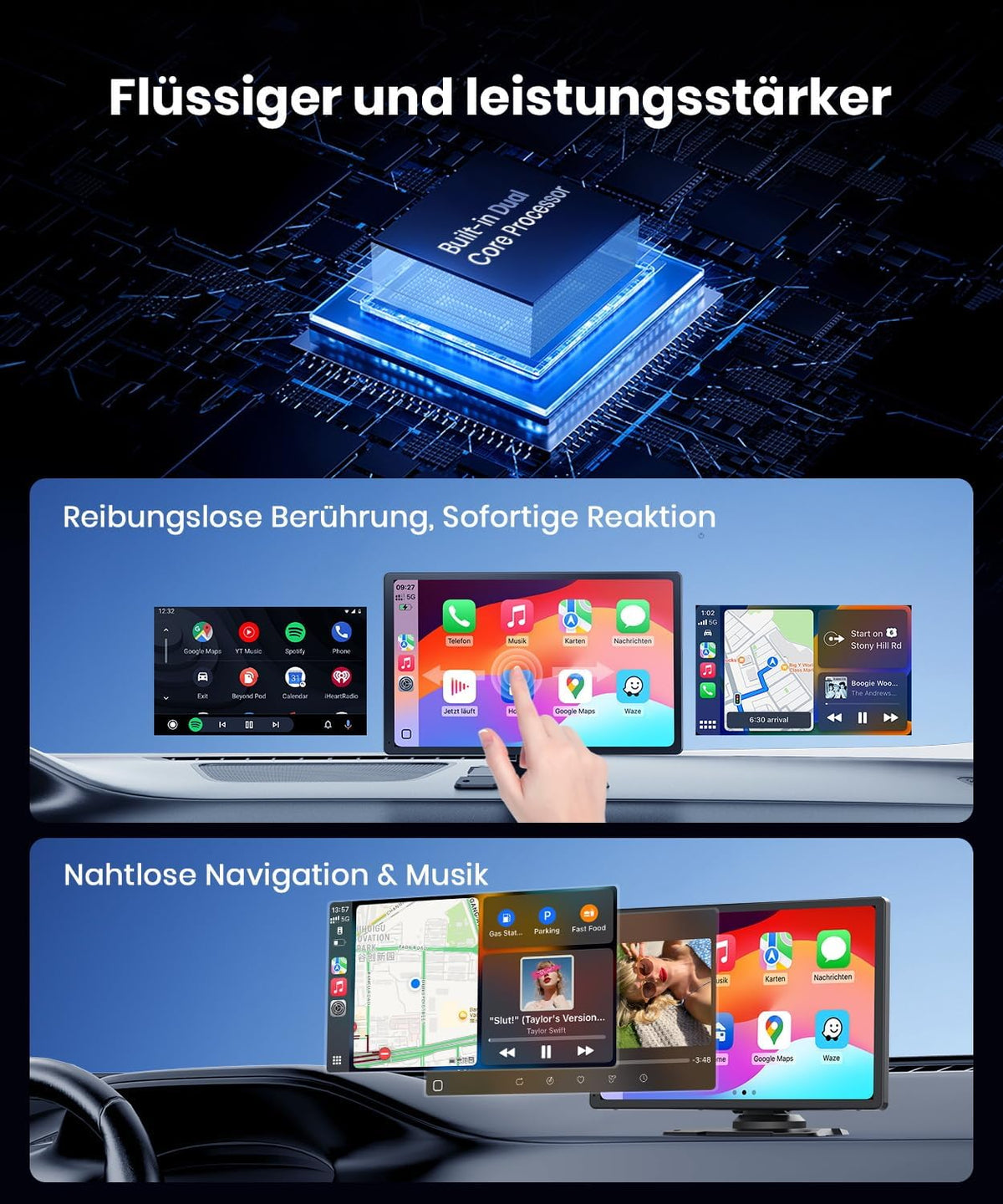 9,26 inch CarPlay Display met IPS touchscreen, draadloze Apple CarPlay en Android Auto, Bluetooth 5.0, Mirror Link, FM en AUX, snelle plug-and-play-installatie voor oudere voertuigen