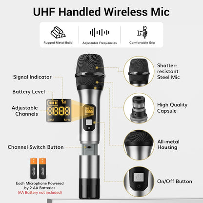 TONOR UHF Draadloze Microfoon Systeem met Draadloze Handheld/Headset/Lavalier Revers Mics, Bodypack Zender, Metalen Ontvanger, 4 * 5 Kanalen 90M Bereik voor Zingen Karaoke Kerk Party DJ PA Speaker