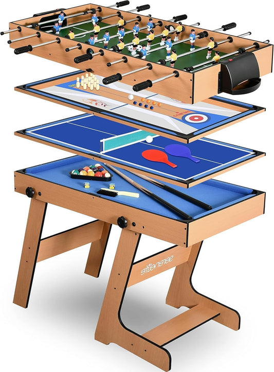SereneLife Multi Game Table-Multifunctional Playtable-Space Saving 5-in-1 Foldable Playtable-102cm Combo Sports Arcade Game with Table Football-Table Tennis-Pool Billiards-Bowling & Shuffleboard Set - QUORE