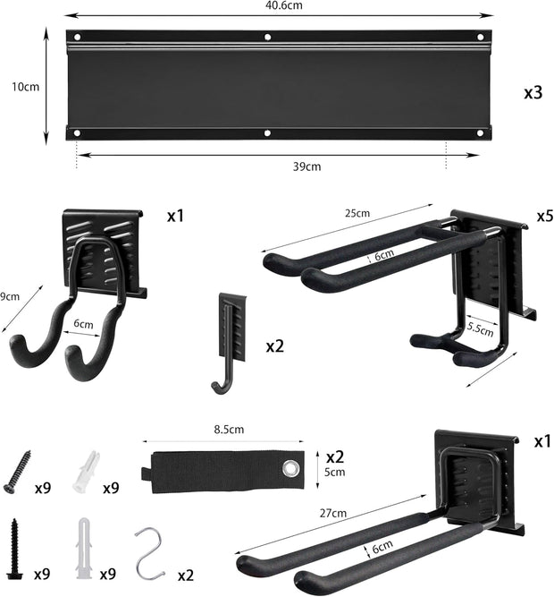 Gereedschapsrek - Gereedschapwand - Gereedschaphouder - Wandhouder - voor Tuingereedschap - Elektrisch Gereedschap - met 3 Paneele - 9 Haken - Veelzijdige Haakconfiguratie - Robuust - voor Garage - Tuin - 122 cm - Zwart