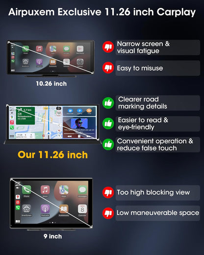 11,26 inch Carplay Display Wireless CarPlay & Android Auto Display Buddy Display met 1080p achteruitrijcamera, Car Play scherm met Bluetooth/GPS-navigatie/spraakherkenning/OEM Style houder