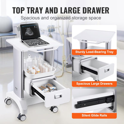 VEVOR Laboratoriumwagen met 2 niveaus, mobiele medische trolley met 1 lade en 1 bovenste plank, verzorgingswagen met ABS-materiaal, 4 stille wielen, voor laboratorium, kliniek, ziekenhuis, woonkamer,