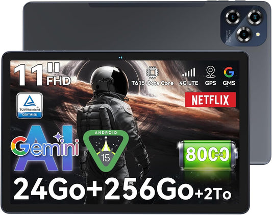 Tablet Android 15, 27,9 cm (11 inch), 24 GB RAM, 256 GB ROM, 2 TB geheugen, Octa-Core T615, FHD-display 1920 x 1200, 4G LTE/5G WLAN, batterij 8000 mAh, camera 16 MP + 8 MP, Gemini AI