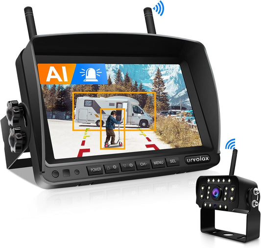 URVOLAX Draadloze Achteruitrijcamera Met AI-detectie en Hoorbaar Alarm, 1080p FHD Parkeersysteemkit met 7-inch monitor, Waterdicht voor Campers, Vrachtwagens, Bestelwagens, Caravans en Aanhangwagens