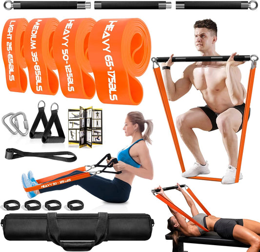 DASKING Fitness Bands, Strength Training with Bar, Set of 4 Resistance Bands, Removable Fitness Bar, Pull-Up Straps Handles, Fitness Equipment for Home, Gym Sports Equipment - QUORE