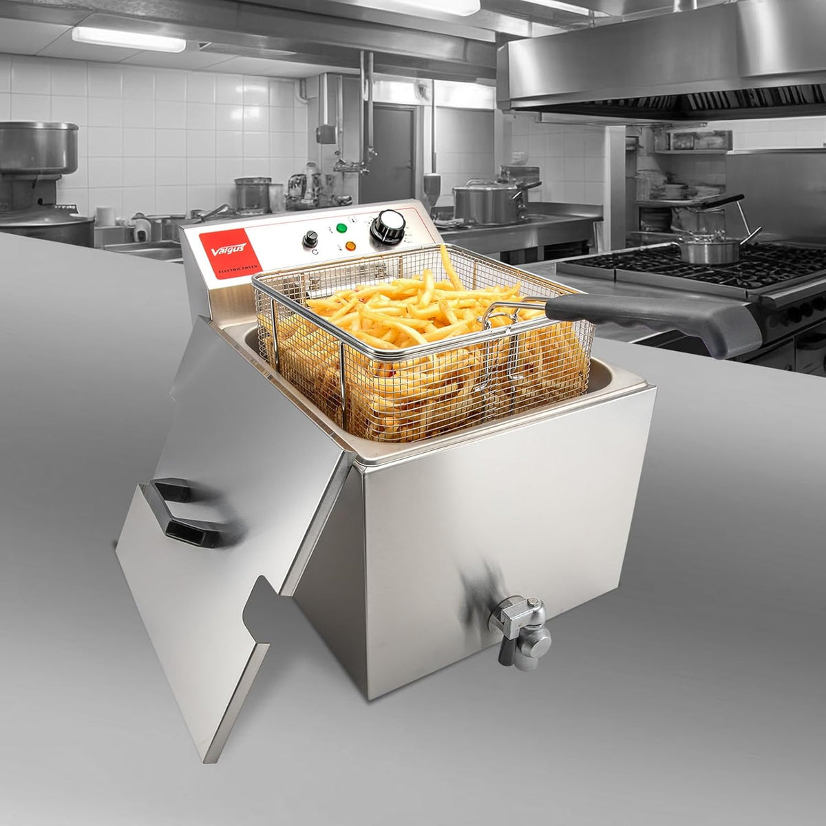Valgus Commerciële elektrische friteuse van roestvrij staal, 3300 W, 13 l, grote keukenfriteuse met mand en deksel, afvoersysteem