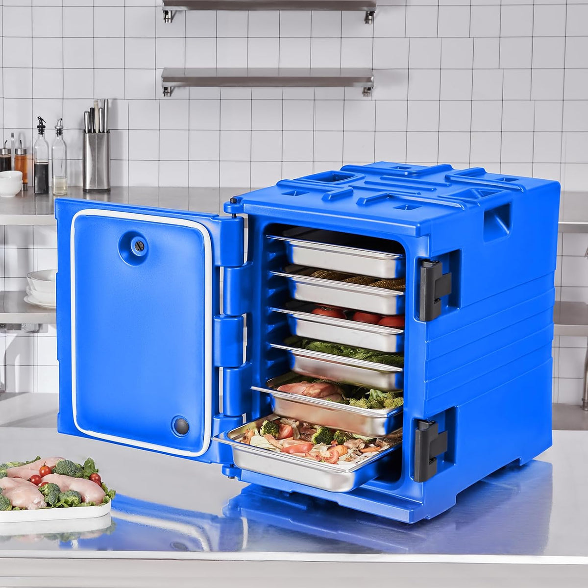 Thermobox voor levensmiddelen – Geïsoleerde Voedselbox – Warmhoudbox – Koelbox – Cateringbox – Blauw – 90 Liter – Voorlader Met Dubbele Gespen En Handgrepen