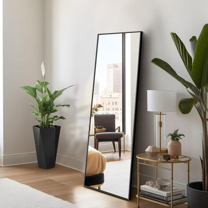 Rechthoekige full-body spiegel, 150 x 40 cm, staande spiegel met zwart aluminium frame, grote wandspiegel, vloerspiegel voor slaapkamer, entree, hal, woondecoratie
