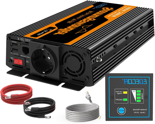 Omvormer – Stroomomvormer, Spanningsomvormer, Inverter, Accu Omvormer – 12V Naar 230V – 1000W Continu / 2000W Piek – Zuivere Sinus Met 2x USB En Afstandsbediening