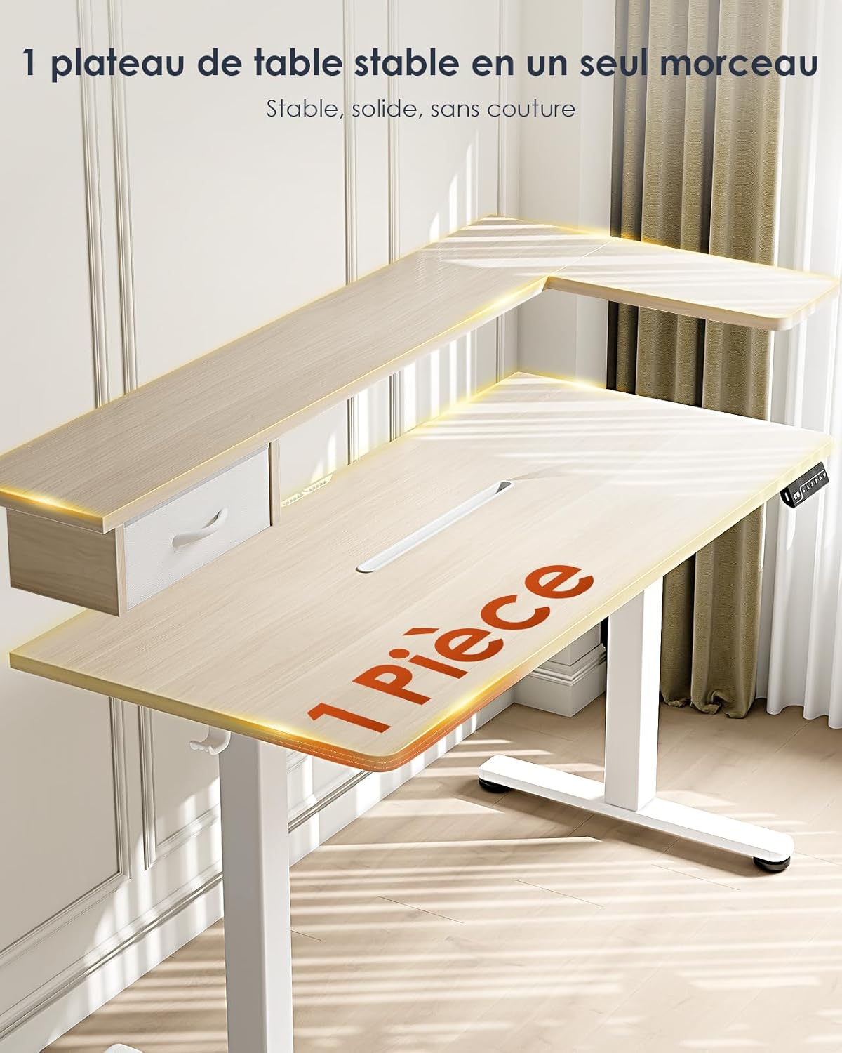 OffiGo Height Adjustable Desk, One-Piece Tabletop, 120x60 Electric Desk with L Monitor Holder, Standing Desk with Drawer, Standing Desk with USB, Ergonomic Computer Desk, Beige - QUORE