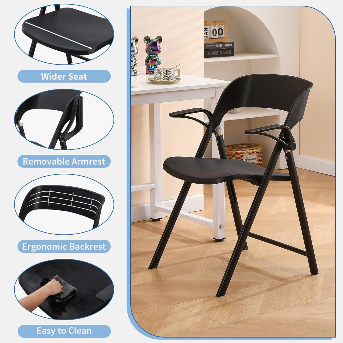 KAIHAOWIN 2 stuks kunststof klapstoel met armleuning, zware opvouwbare stoelen met stalen frame, commerciële stapelbare gaststoelen voor binnen en buiten - zwart