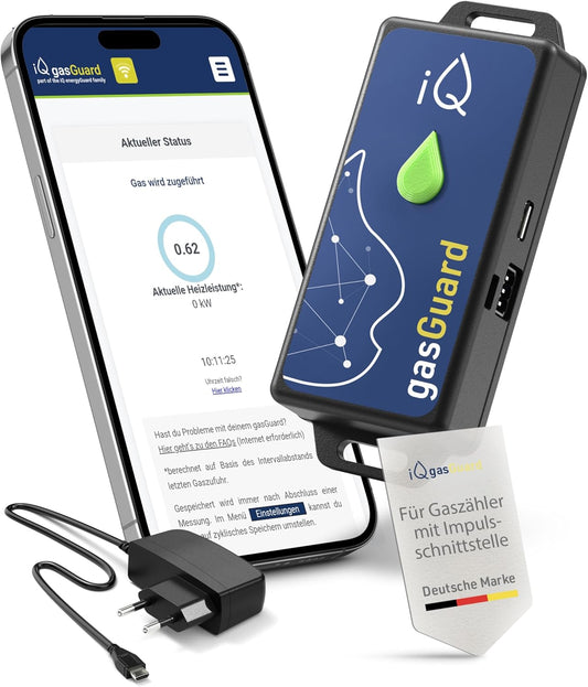 iQ gasGuard - Slimme gasmeter incl. impulsinterface met alarmfunctie & WLAN - digitale bewaking van gasverbruik en kosten - gasverbruikmeter & meetinstrument met wifi voor smartphone & desktop