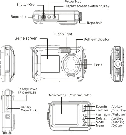 Onderwatercamera, 2,7 K 48MP 10ft Waterdichte Digitale Camera, 16X Digitale Zoom, Dubbele Scherm Selfie Onderwatercamera voor Snorkelen (rood)