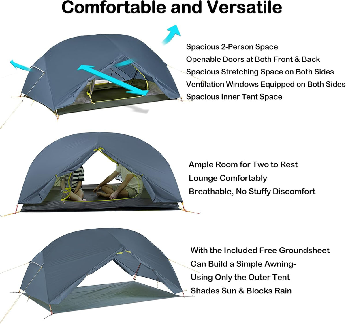 Naturehike Mongar Ultralichte tent, 1,57 kg, campingtent voor 2 personen, waterdicht PU2000+, winddicht, dubbellaagse rugzaktent voor wandelen, kamperen