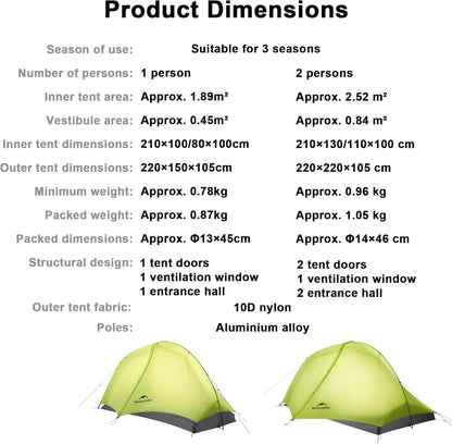Naturehike PU1500+, ultralichte tent, 780/960 g, waterdichte campingtent, 3-seizoenen wandeltent, 1/2 persoon, voor snelle wandelingen, fietstochten en motortochten