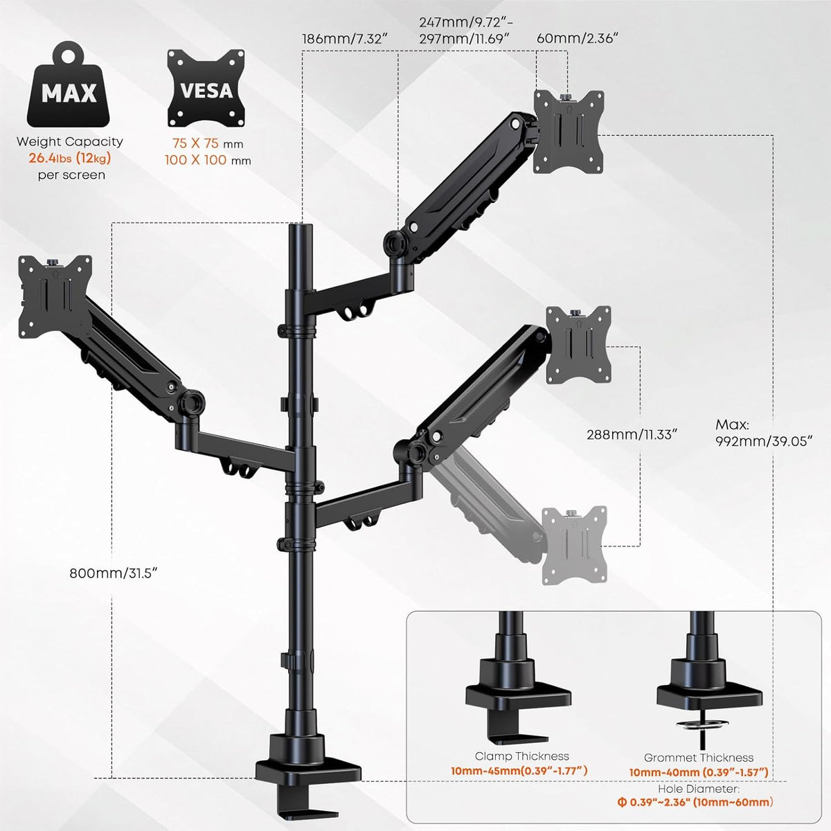 PUTORSEN monitorbeugel voor 3 monitoren voor 17-35 inch beeldschermen, monitorbeugel voor 3 monitoren in hoogte verstelbaar met 12 kg per arm, 80 cm stang, beeldschermbeugel zwenkbaar en kantelbaar