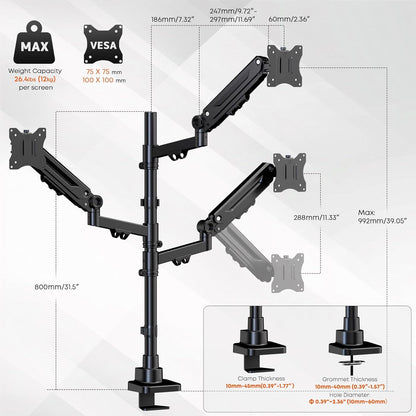 PUTORSEN monitorbeugel voor 3 monitoren voor 17-35 inch beeldschermen, monitorbeugel voor 3 monitoren in hoogte verstelbaar met 12 kg per arm, 80 cm stang, beeldschermbeugel zwenkbaar en kantelbaar